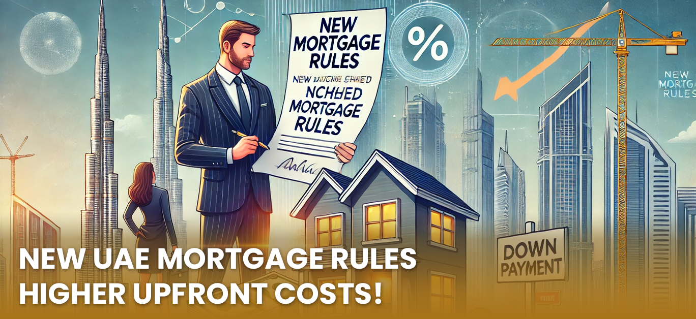Illustration of UAE mortgage rule changes, featuring a businessman holding a contract, skyscrapers, a house, and a crane symbolizing real estate market shifts.